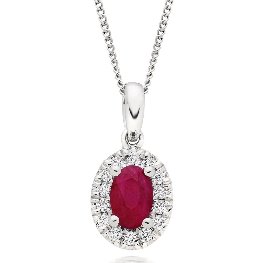 18ct White Gold Diamond Ruby Halo Pendant