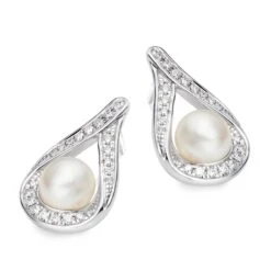 9ct White Gold Diamond Freshwater Cultured Pearl Stud Earrings