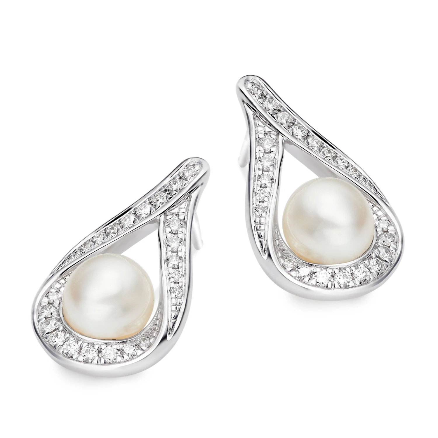 9ct White Gold Diamond Freshwater Cultured Pearl Stud Earrings