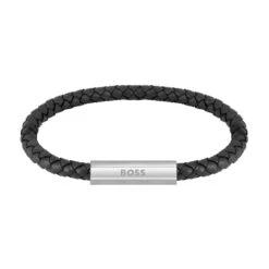 BOSS Black Leather Braided Men's Bracelet