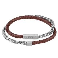 BOSS Chain And Brown Leather Double Wrap Men's Bracelet