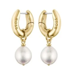 BOSS Gold Tone Pearl Hoop Earrings