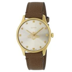 Gucci G-Timeless Gold Tone Brown Leather Quartz Watch