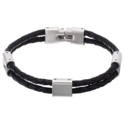 Steel And Black Leather Men's Bracelet